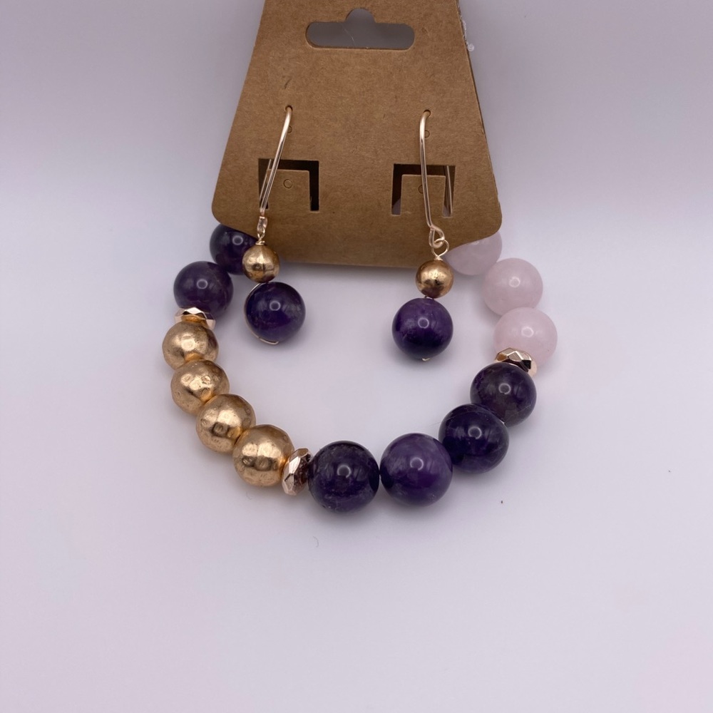 Juego De Pulsera Y Zarcillos De Amatista Y Cuarzo Rosado View 2